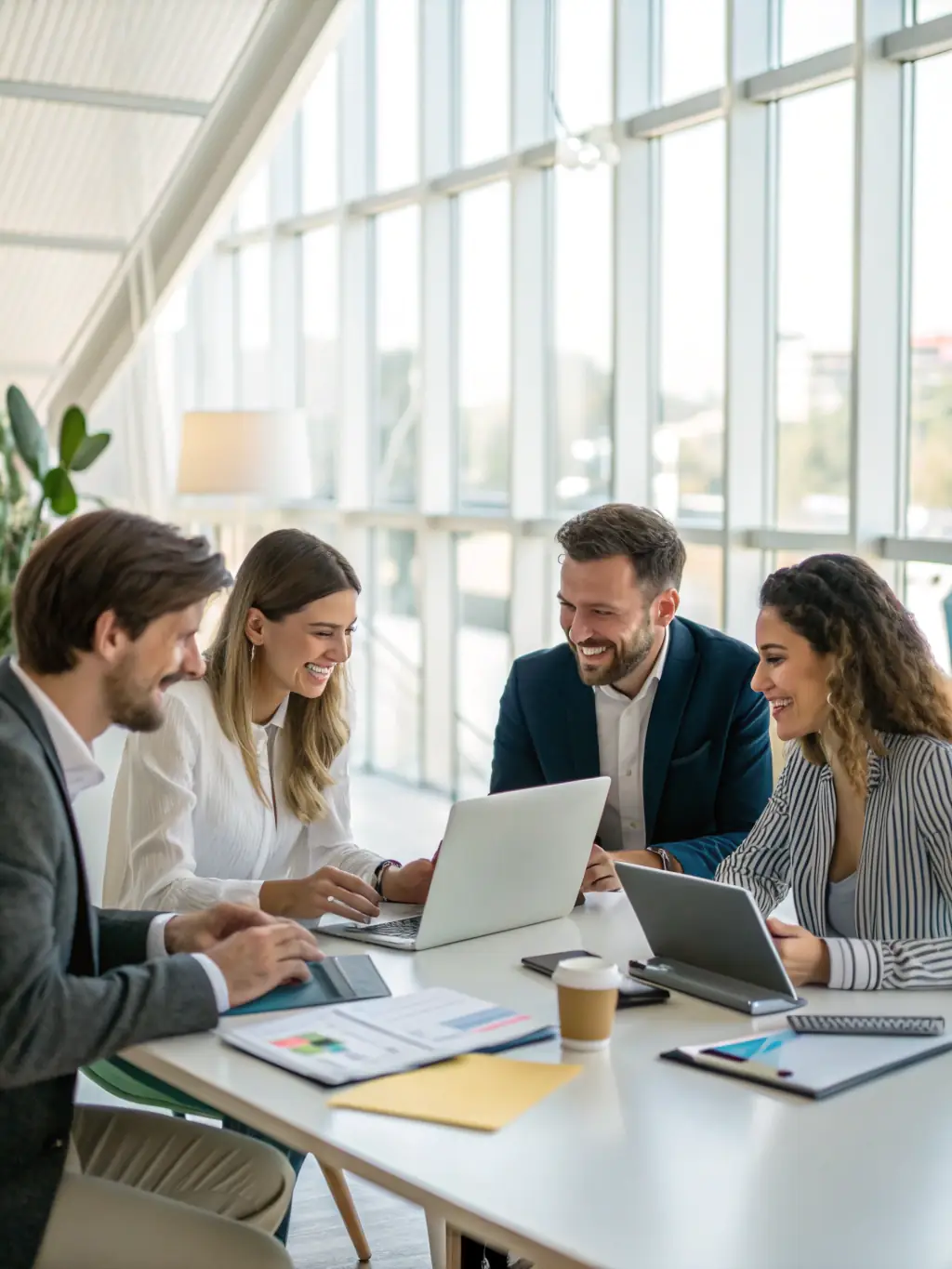 A professional photo of a team of consultants in a modern office, discussing AI governance strategies with a client, emphasizing collaboration and expertise.