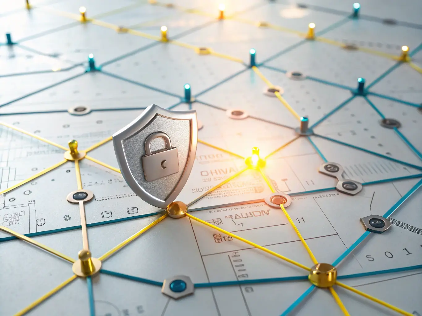 An image illustrating a secure network with interconnected nodes, symbolizing cyber resilience and the protection of digital assets against threats.