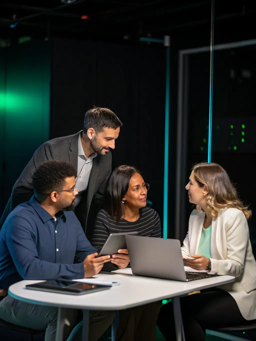 A professional team collaborating on AI governance strategies in a well-lit, modern office, emphasizing trust and innovation.